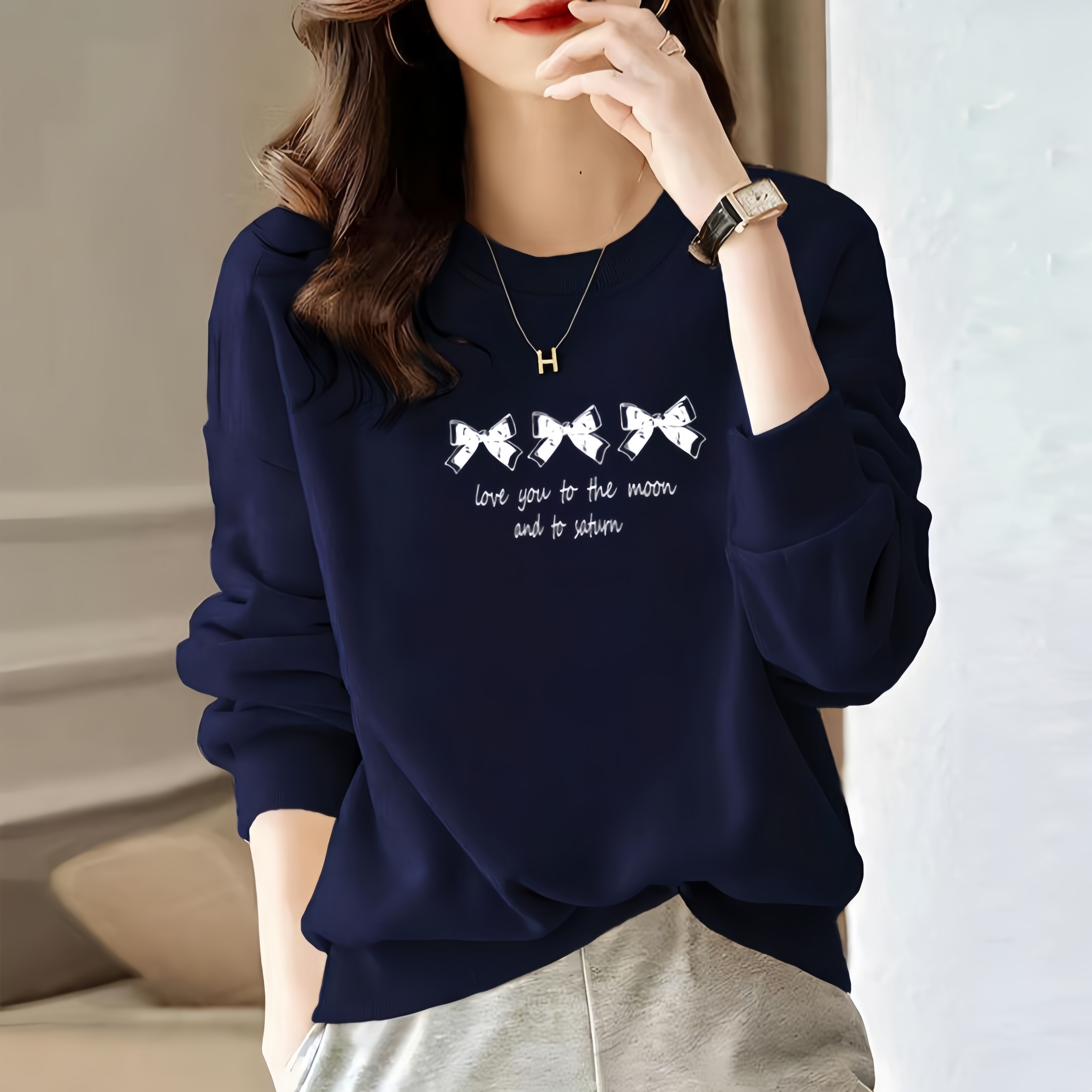 大牌圆领加绒加厚卫衣女