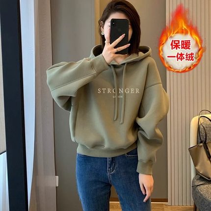 加绒加厚纯棉卫衣女秋冬2024新款爆款小个子短款上衣连帽保暖外套