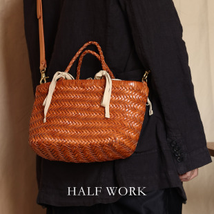 HALF WORK 全手工编织包女头层油蜡牛皮真皮包手提包复古斜挎包女