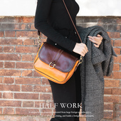 HALF WORK 植鞣头层牛皮单肩斜挎包真皮复古邮差包休闲女包手工包