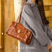 HALFWORK头层牛皮复古棕色腋下包女手工植鞣真皮手提单肩包大容量