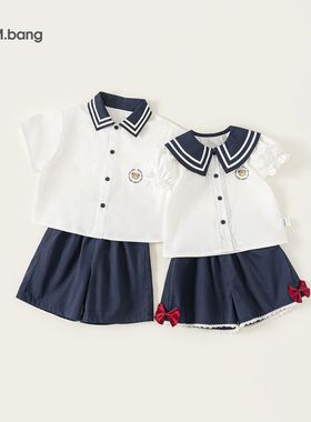 小一家）（学院风休闲短裤翻领纯色松紧+短袖衬衫XT85161口袋印花