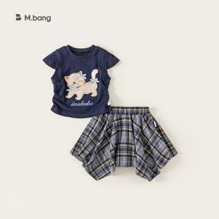 小一家邦选童装新款中小童套装休闲儿童卡通短袖格子半身裙女童两
