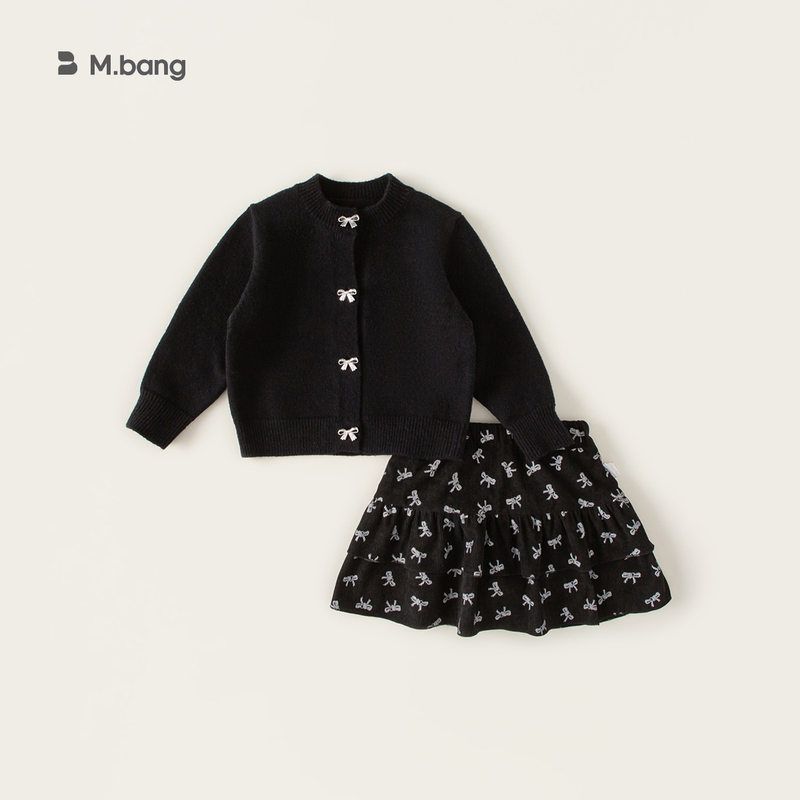 女童开衫秋季童装针织衫毛衣套装蝴蝶结小女孩短裙黑色两件套