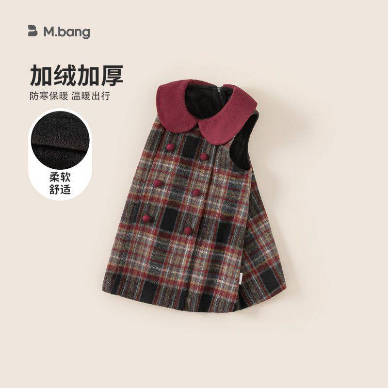 小一家冬季加绒娃娃领裙子女童背心裙圣诞节格纹无袖裙儿童连衣裙