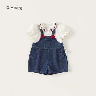 小一家刺绣【夏可爱（XT25272）牛仔泡泡袖背带裤上衣装饰娃娃领+