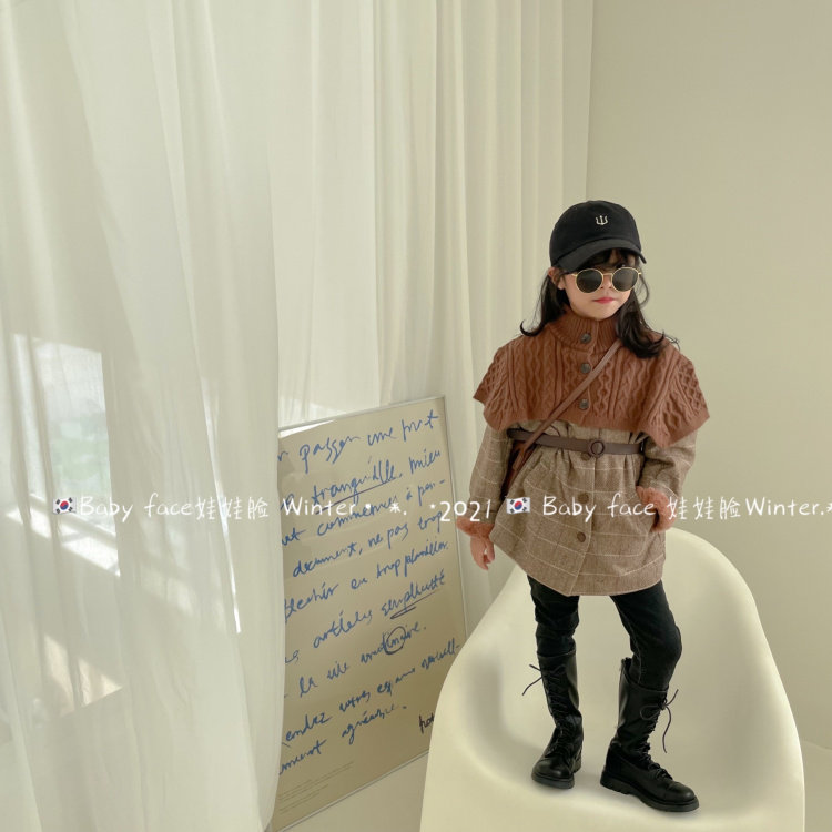 童装冬装新款女童洋气针织披肩收腰加绒格子外套中长款呢大衣