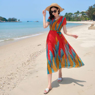 泰国旅游雪纺连衣裙夏新款 气质显瘦海南三亚巴厘岛海边度假沙滩裙