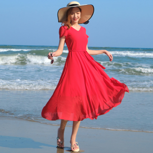 雪纺红色新款 长裙 波西米亚沙滩裙女收腰显瘦妈妈减龄海边度假短袖