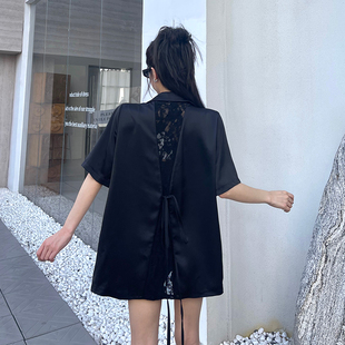 薄款 现货秒发 外套女夏季 蕾丝拼接缎面短袖 宽松垫肩西服上衣 西装
