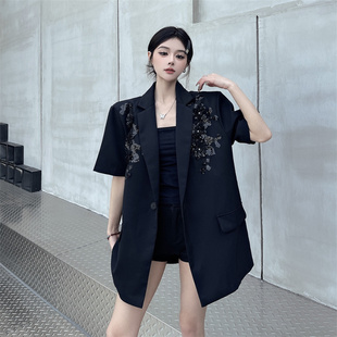 西装 现货秒发 宽松休闲气质短袖 设计感亮片绣花夏季 外套上衣 韩版