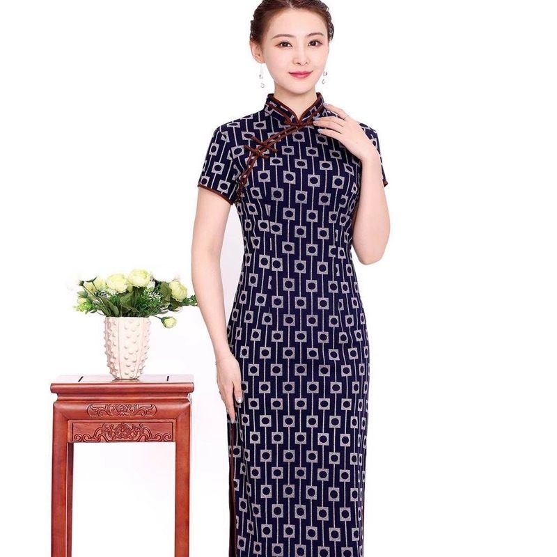 女士短袖旗袍中款柔软木兰棉弹力显瘦2025复古改良立领日常连衣裙