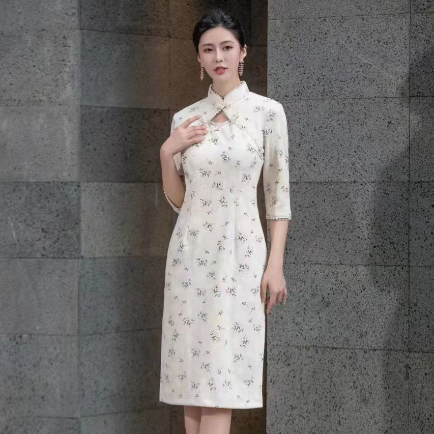 特价年轻女秋冬连衣裙东方贵族鹿皮绒弹力性感经典旗袍实体店同款