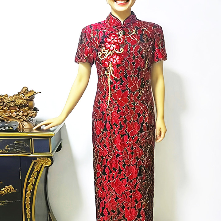 喜妈妈旗袍五分袖修身显瘦蕾丝年轻复古长款婚礼连衣裙实体店同款