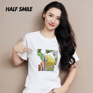 半个微笑张柏芝同款水渍实验HALFSMILE男女高级感春夏潮牌白色T恤