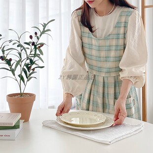 韩国代购进口 法式棉麻复古格子连衣裙围裙厨房烘培工作服家居服