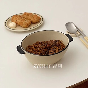 韩国代购进口大汤碗陶瓷大号面条碗带把手搞机汤面碗泡面大碗手工