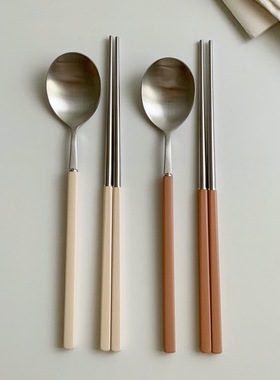韩国代购进口小清新ins不锈钢筷子勺子套装拼色餐具筷勺两件套