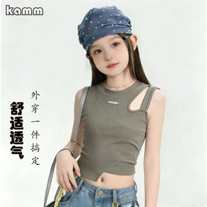 女童夏季纯棉镂空修身短款吊带
