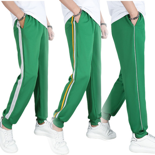 浅绿色校服裤束脚运动裤春夏秋透气中小学生小脚一道二两三条粗杠