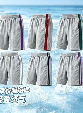 浅灰色夏季薄款速干运动短裤男女学生校服裤冰丝透气侧条纹五分裤