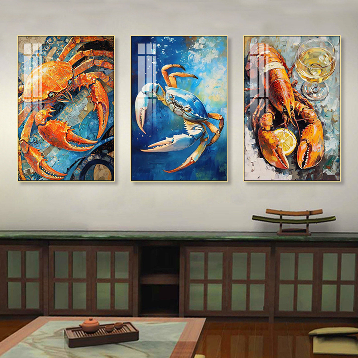 海鲜餐厅装饰画螃蟹龙虾挂画饭店餐馆壁画美式油画风餐厅墙面装饰