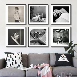 怀旧复古装饰画黑白现代简约客厅餐厅玄关老照片赫本梦露挂画灯箱