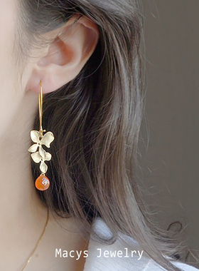 优雅气质兰花橙玉髓耳环高级感百搭时尚橙色水滴耳饰女