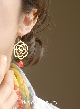 镂空玫瑰花耳环女复古轻奢小众设计高级感橙色水滴耳饰女