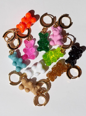 挪威小众Crystal Haze 彩色糖果小熊耳环满镶锆石镀金耳圈