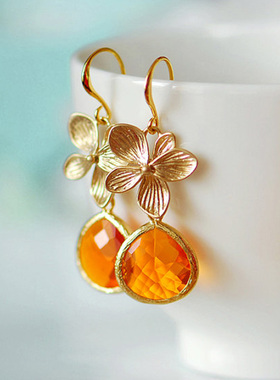 兰花与橙色水晶耳环女纯银2025年新款潮欧美14K包金气质简约耳饰