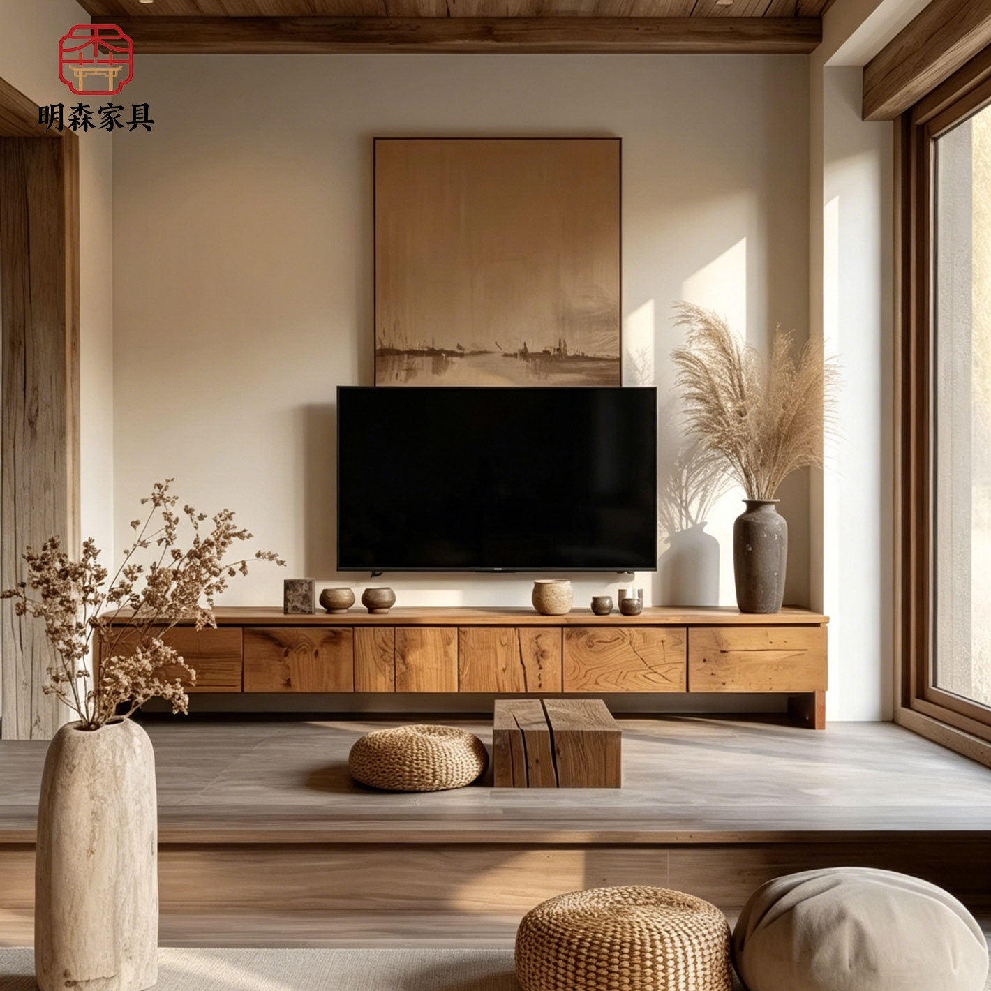 明森世佳北欧简约实木电视柜原木色储物柜客厅落地柜