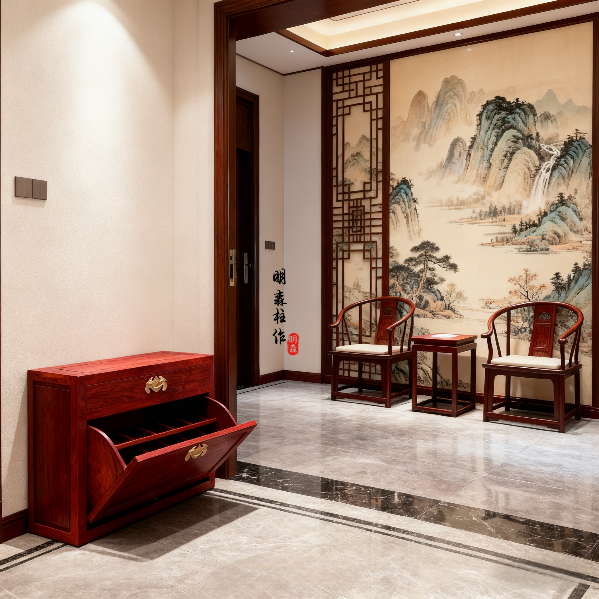 入户门口换鞋凳带鞋柜宋氏美学新中式红木实木家具翻斗鞋柜带鞋凳