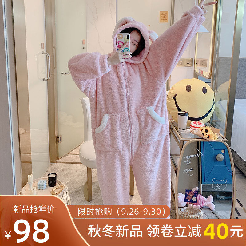 全身连体睡衣女秋冬季加厚加绒长款秋季兔子长耳兔萌萌可爱家居服