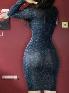 连衣裙战袍女圆领优雅性感银丝微透露心机包臀修身显瘦弹力户外裙