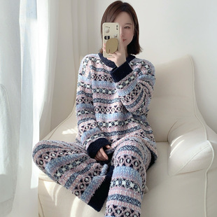 PINK 可外穿 WEO费尔岛半边绒睡衣女秋冬加厚保暖软绵绵家居服套装