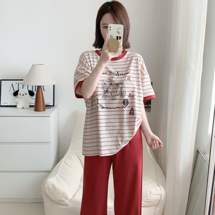 PINKWEO 条纹卡通狗狗女士短袖长裤睡衣套装宽松休闲家居服夏薄款