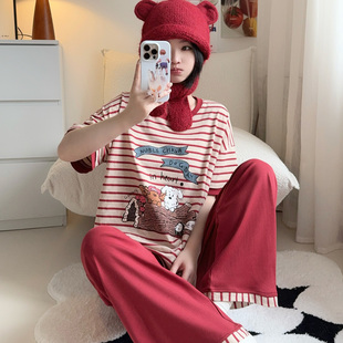 卡通可爱风条纹狗狗短袖长裤睡衣女宽松纯棉可外穿家居服套装夏季