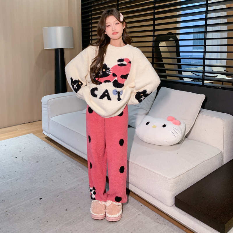 趣味波点猫半边绒卡通睡衣女秋冬
