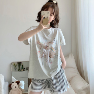 女夏薄款 睡衣套装 蕾丝花边家居服可外穿 短裤 蝴蝶结卡通宠物狗短袖