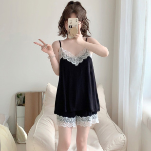 莫代尔纯色简约性感睡衣家居服套装 蕾丝边吊带短裤 女夏 带胸垫