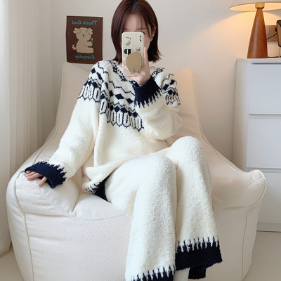 复古菱格软绵绵睡衣套装女秋冬季