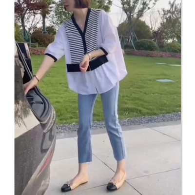 今年流行特惠88538大爱美依缘2025夏季新款设计感条纹V领衬衫女