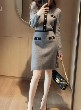 今年流行特惠法式高级感小香风灰色拼接针织连衣裙2025新款巨好看