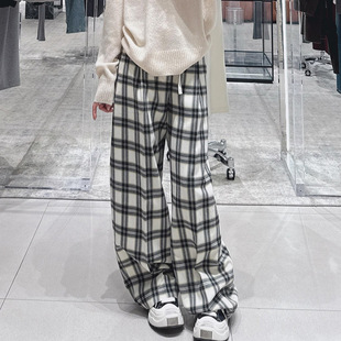 休闲裤 今年流行特惠2026春季 运动裤 威尔士格纹抽绳高腰阔腿裤 新品