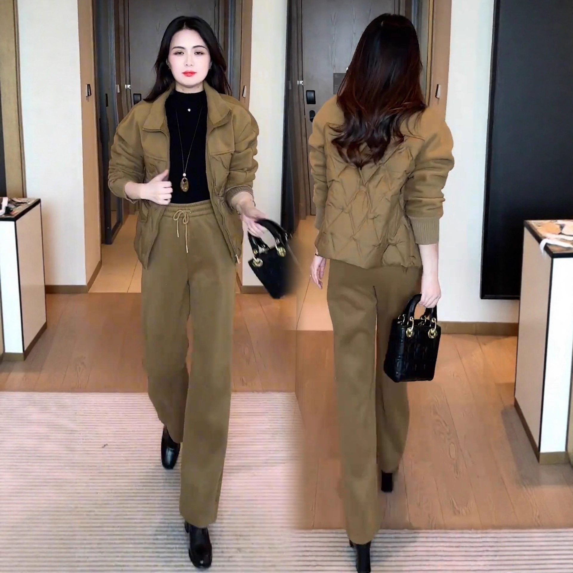 今年流行特惠时尚棉服套装女2025冬季新款洋气毛呢拼接棉衣外套