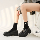 黑色珍珠袜子女中筒堆堆秋冬可爱薄款女款冬季长筒配小皮鞋乐福鞋