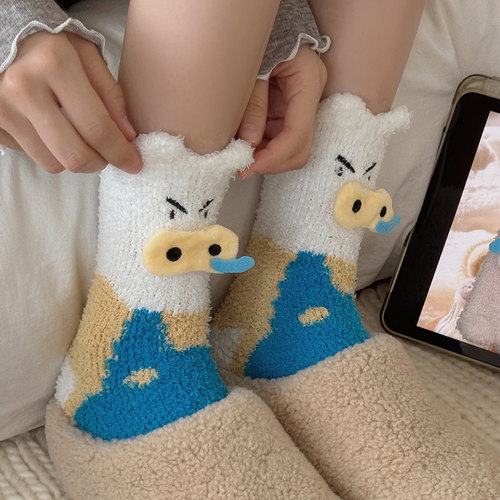 睡觉穿的袜子女睡眠袜月子宽松中筒秋冬卡通可爱搞怪珊瑚绒毛绒