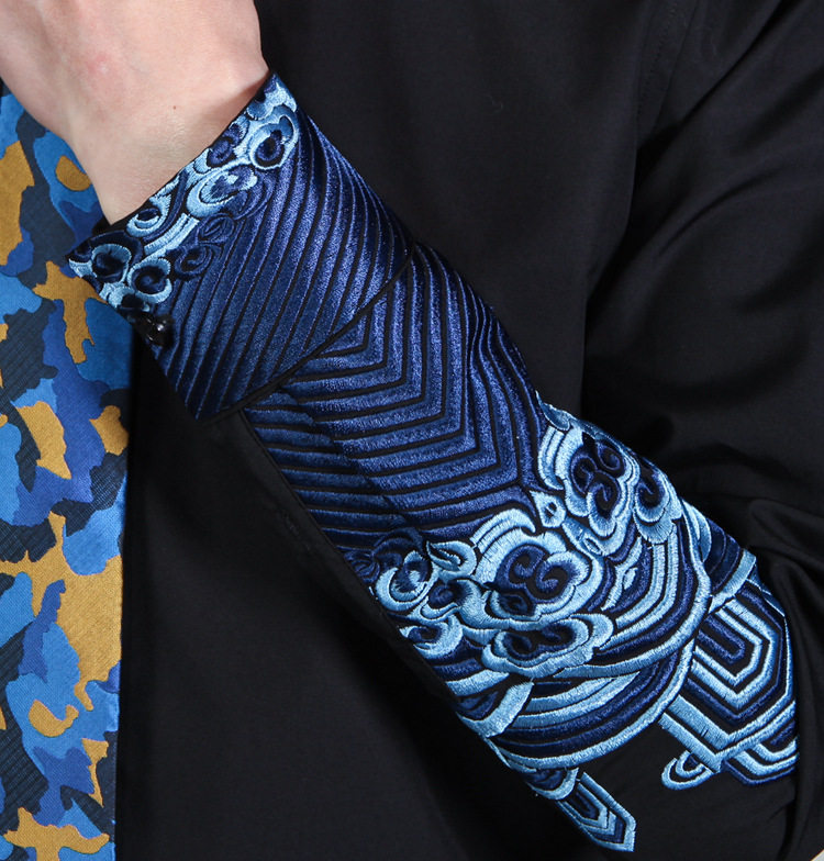 中国风清朝官服2017夏季款重工刺绣双袖刺绣祥云纹抗皱棉男式衬衫