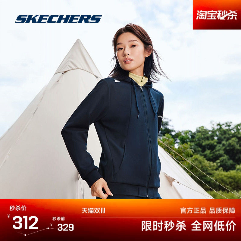 斯凯奇女舒适针织连帽外套时尚百搭舒适运动套装